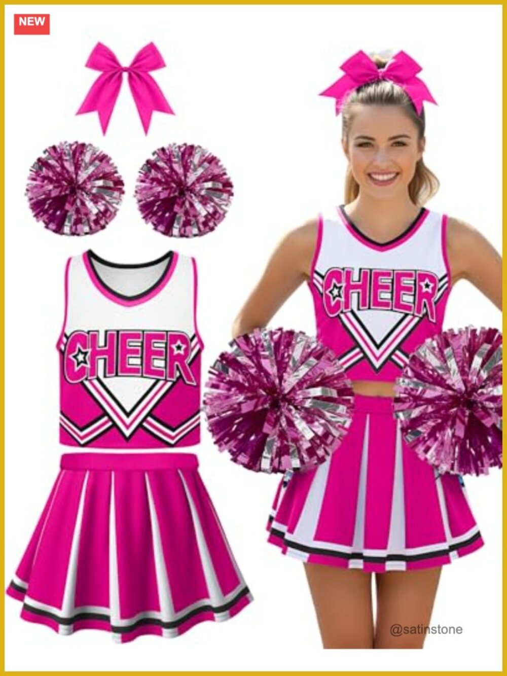 Women's Cheerleader Costume 5-Piece Set Cropped Top Pleated Skirt Pom Poms